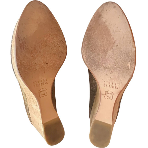 Stuart Weitzman Grey Lurex Glitter Anna Cork Wedge Platform Peep Toe Pumps 9.5 - Picture 10 of 13